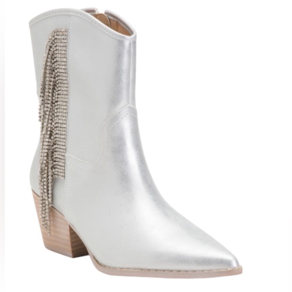 Mi.iM Rhinestone Fringe Silver Western-Style Pointy Toe Ankle Boots NIB Size 8